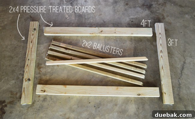 Wood Materials Laid Out For Construction of Deck Gate Including 2x4 Pressure Treated Boards and 2x2 Balusters