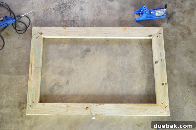 Rectangular Frame Constructed Out Of 2x4 Pressure Treated Boards Ready For Deck Gate Balusters