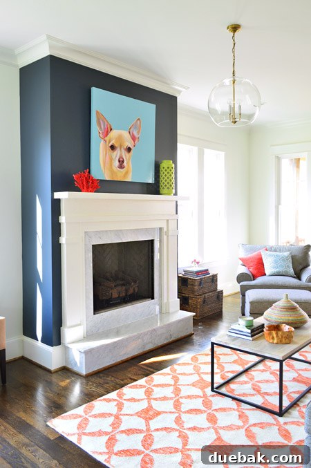 Living Room Fireplace with Hale Navy Accent and Burger Portrait