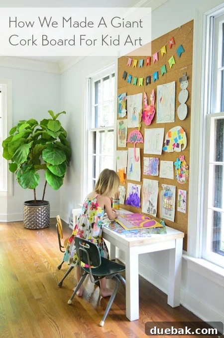 how we made a giant cork board wall for displaying kid art