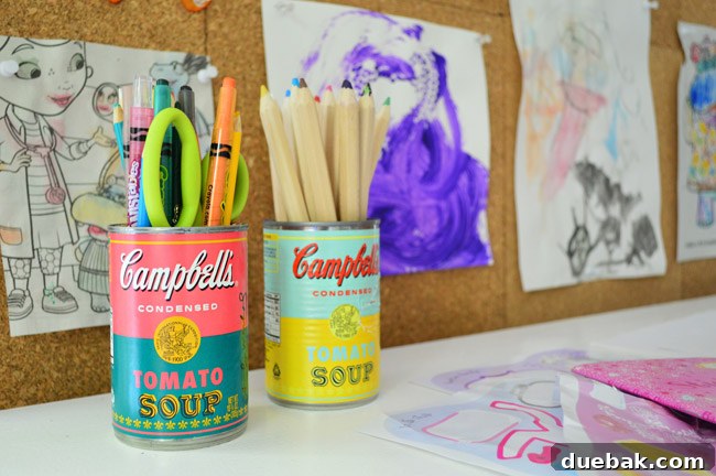limited edition Campbell's soup cans with Warhol labels used to hold supplies pencils and crayons at kid art desk
