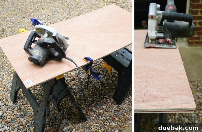 clamping together plywood pieces and using a circular saw to cut them all at once to ensure consistent size