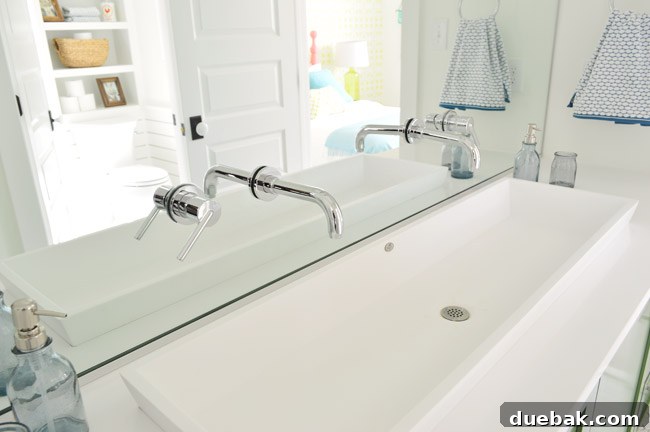 The Family Act 12 Double trough sink with mirror-mounted faucets in a bathroom