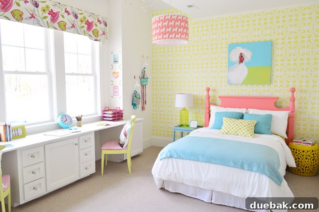 The Family Act 17 Girls' bedroom with a window cornice, colorful bedside tables, and decorative elements