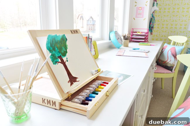The Family Act 19 Double desk with an art station and homework area in a girl's bedroom