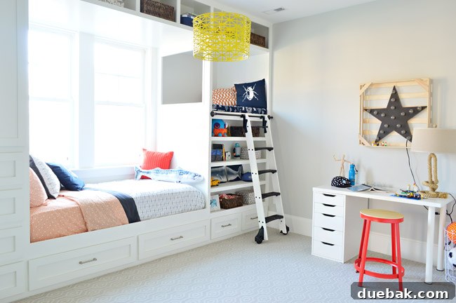 The Family Act 4 Close-up of a built-in twin bed with a desk area in a boy's room