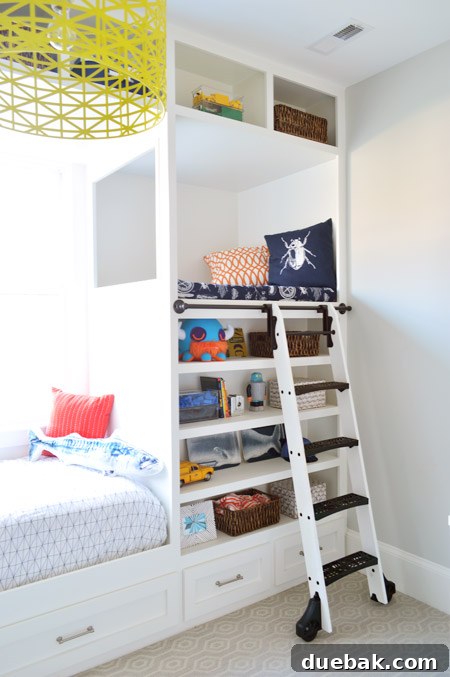 The Family Act 7 A unique built-in bed nook with a rolling ladder and cozy decor