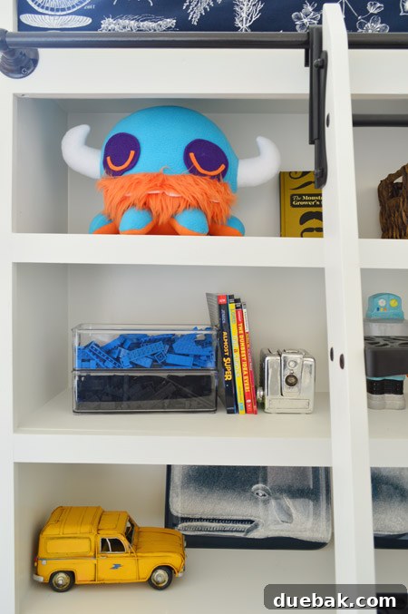 The Family Act 8 Bookshelves filled with eclectic decor and a whimsical octopus toy
