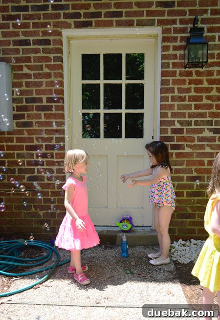 Girls Playing With Bubbles At Kids Birthday Party In Front Of Brick Wall And Unpainted Garage Door