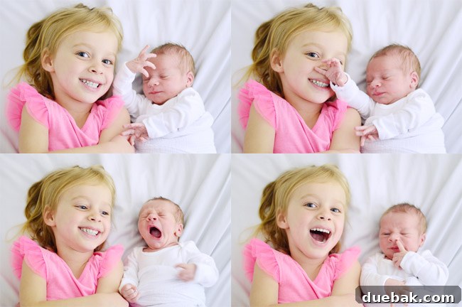 Collage of Big Sister And Baby Brother During Newborn Photo Shoot