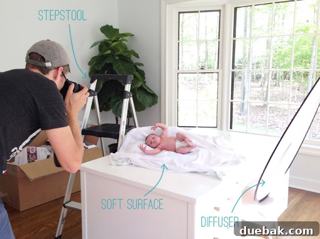 Materials And Tools For Homemade DIY Newborn Photo Shoot | Step Stool | Soft Surface | Diffuser