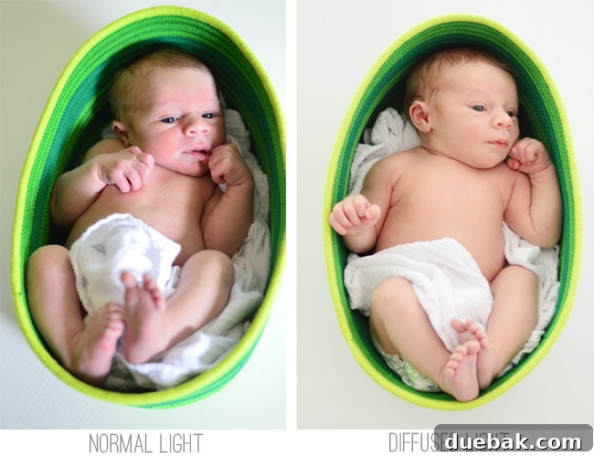 Side By Side Comparison Of Normal Harsh Light And Diffused Light For DIY Newborn Photos