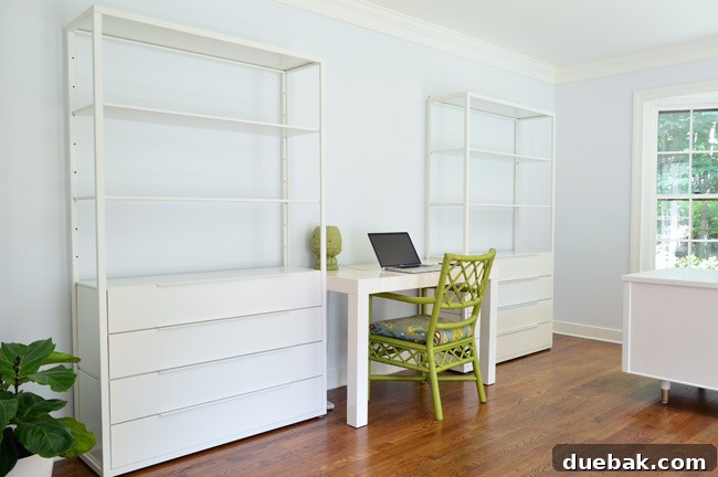Elevating Our Home Office with Fjalkinge Bookshelves 17 Symmetrical IKEA Fjälkinge shelving in home office