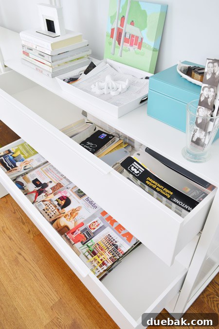Right side drawers of John's desk, showing empty drawers and magazines