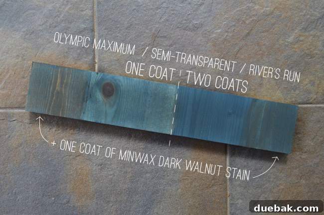 Thrifted Coffee Table's Bold Blue Stain Makeover 13 Close-up of stain test swatches showing one and two coats of blue, and an accent of dark walnut