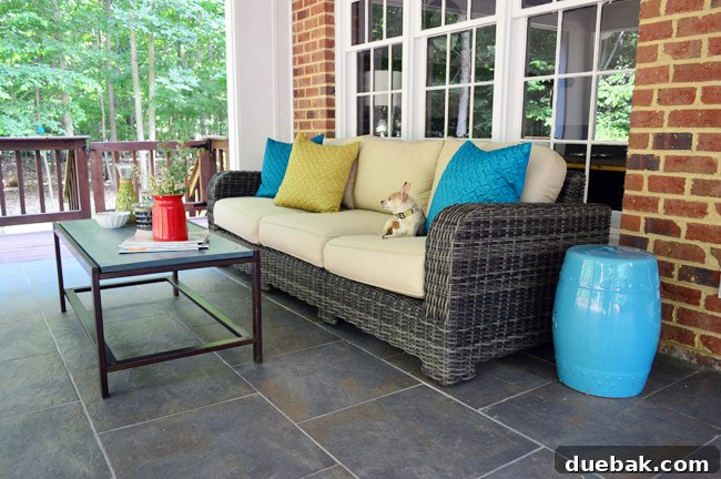 Thrifted Coffee Table's Bold Blue Stain Makeover 17 Burger the dog lounging on the new outdoor sofa, testing its comfort