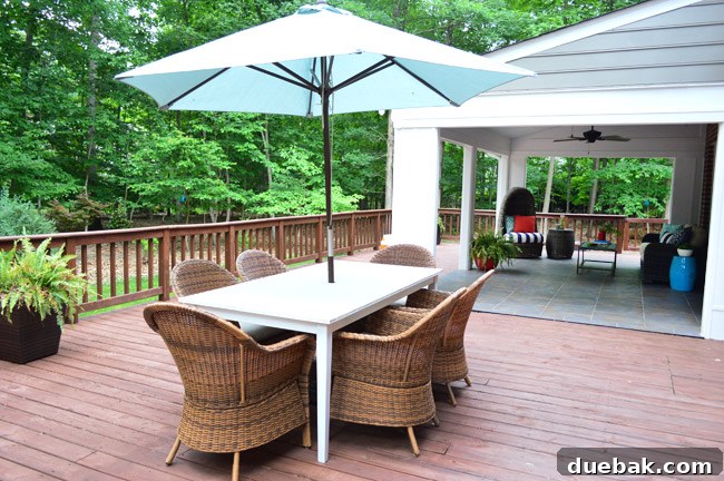 A broad view of the family's back porch, featuring a comfortable outdoor living area with the new egg chair, sofa, and dining chairs for flexible use