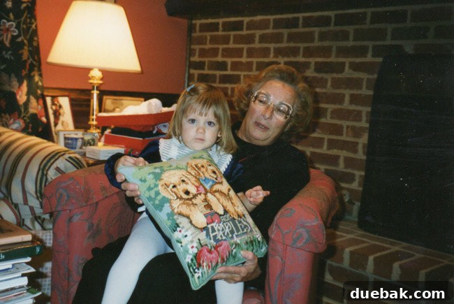 Mother-in-law presenting needlepoint pillow to daughter in living room