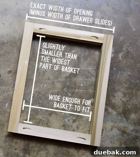 Detailed diagram illustrating the precise measurements and construction of the custom drawer frames.