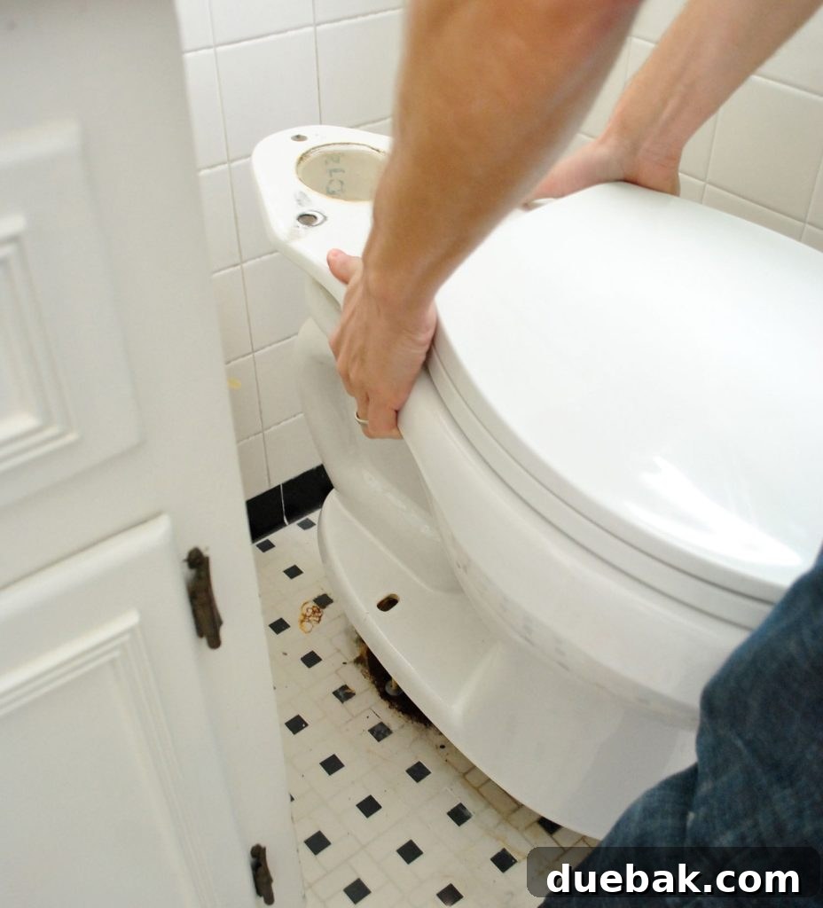 John Placing New Toilet Bowl Onto Ground