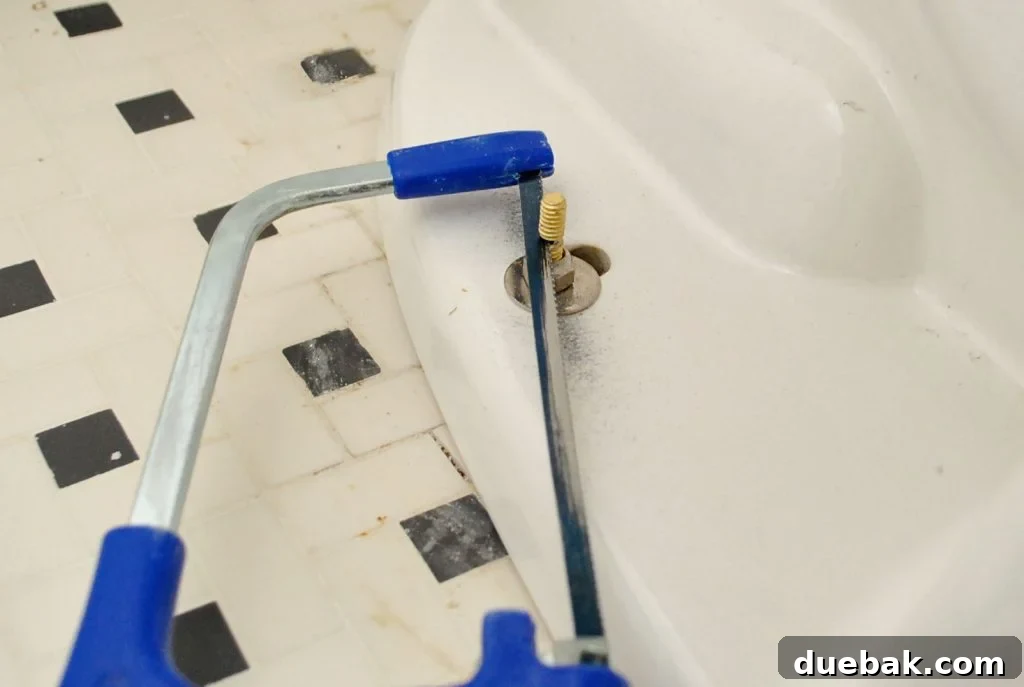 Hacksaw Removing Excess Bolt Length On New Toilet