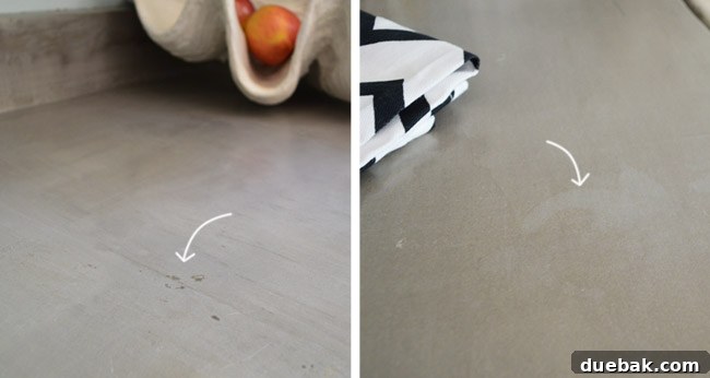 Close-up of concrete counter showing subtle dark spots and a faint heat ring