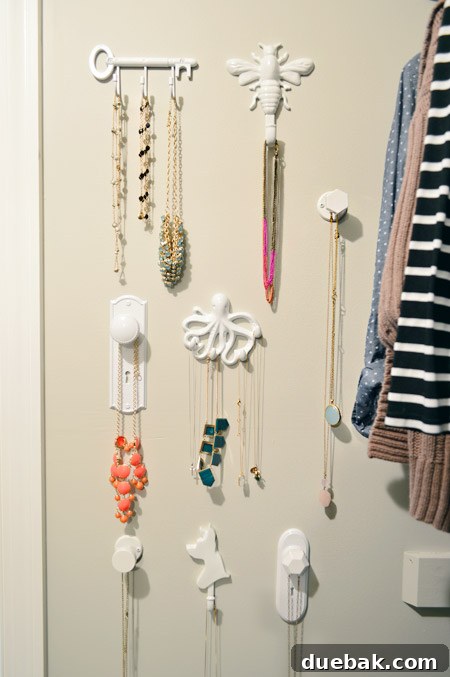 White hooks holding various necklaces in a closet