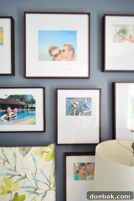 Detailed shot of the lower section of the gallery wall and nightstand