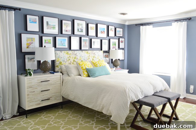 Updated master bedroom with gallery wall and ongoing decor elements