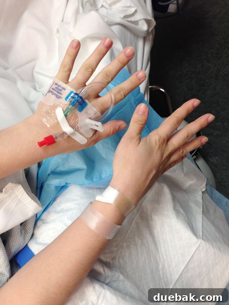The author's arm with an IV inserted, a small hurdle before the big event.