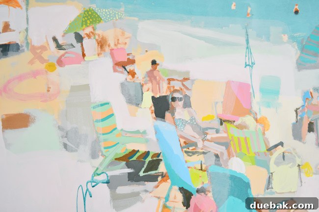 Clara, a young girl, points to a pink chair within the Teil Duncan beach painting, showing her engagement with the art.
