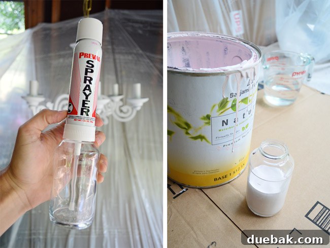Preval Sprayer kit and paint thinning supplies used for the chandelier painting project.