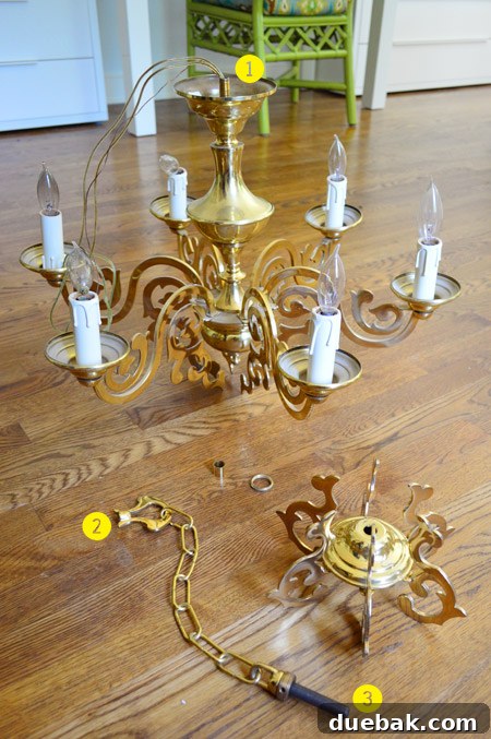 Chandelier parts arranged to clearly show which components were intentionally left out to shorten the fixture.