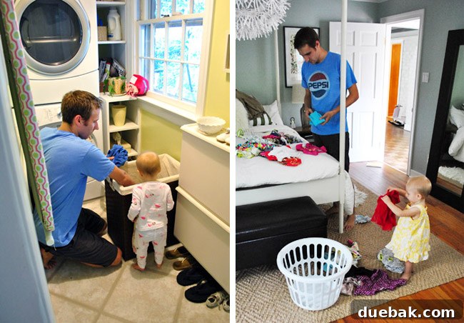 Current laundry area with storage room access, showing the 'walk-through' challenge