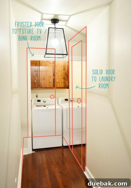 Revised floor plan showing the new laundry room door location and wall changes