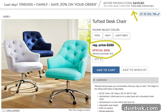 Detailed view of the navy blue desk chair, highlighting the button tufting, armrests, and wheels.