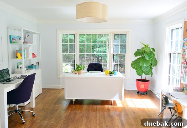 A conceptual image of a home office with bold patterned curtains, a rug, and the new dark desk chairs, showing how elements can balance out.