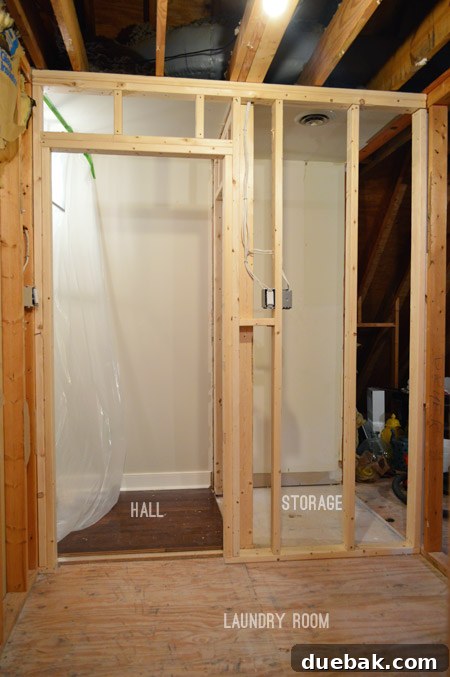 Routing New Laundry Exhaust Systems 2 Laundry room framing completion, showing the newly constructed fourth wall, ready for further renovation