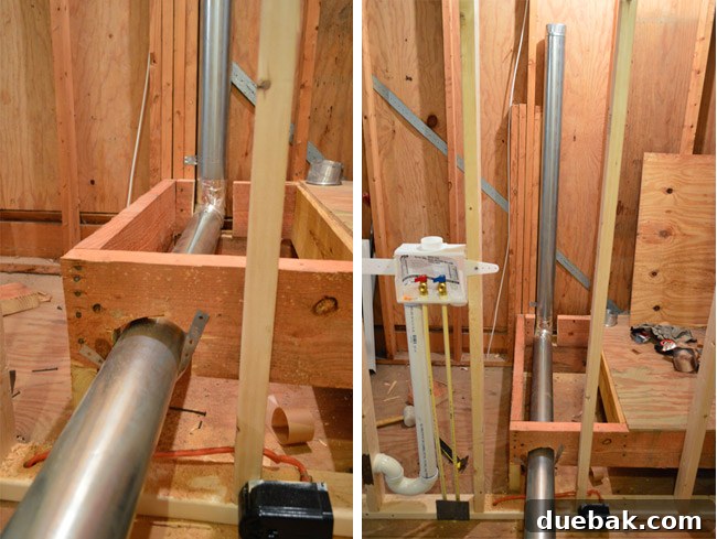 Routing New Laundry Exhaust Systems 11 Positioning assembled dryer vent pipes under stairs and up the wall, securely held with steel hanger straps to prevent sagging