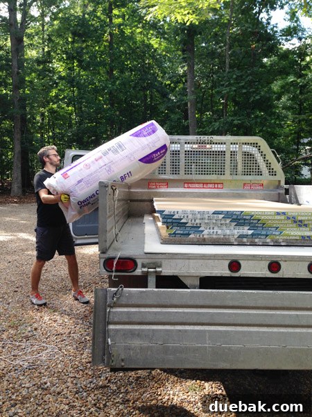 Routing New Laundry Exhaust Systems 22 Materials for subfloor leveling including OSB, concrete backer board, and insulation, loaded from Home Depot