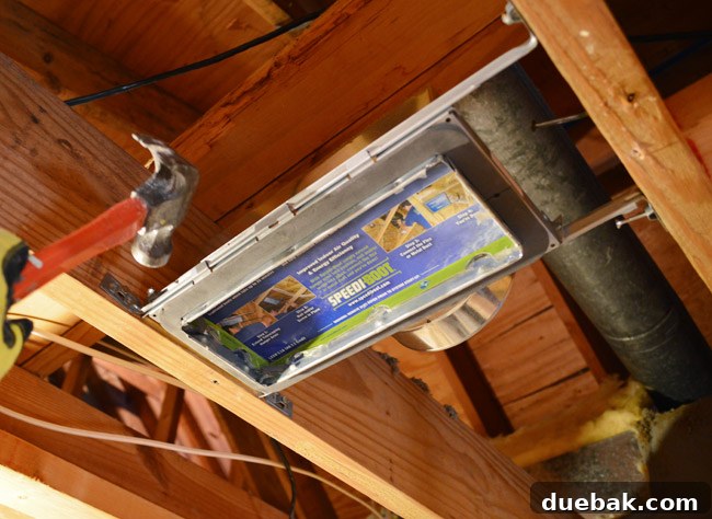 Routing New Laundry Exhaust Systems 26 Speedi-Boot for ceiling vent installation, highlighting components bought individually instead of a kit, for custom HVAC solutions