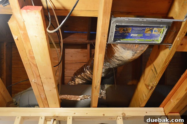 Routing New Laundry Exhaust Systems 33 Hanging insulated flexible HVAC duct from ceiling joists with zip ties to prevent kinks and optimize airflow efficiency