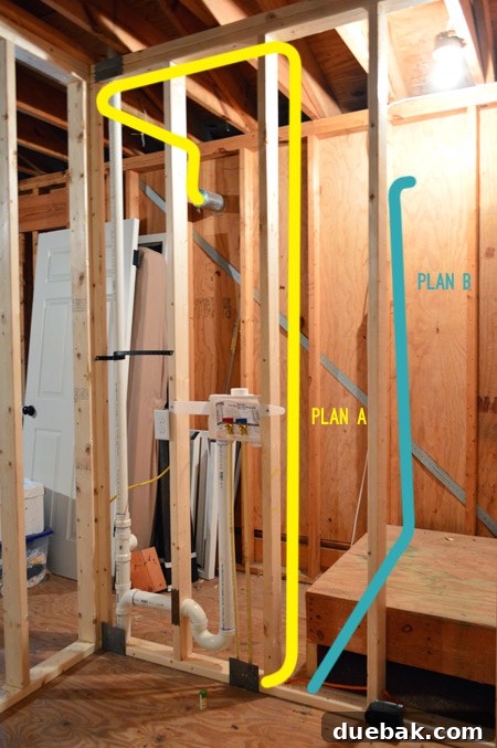 Routing New Laundry Exhaust Systems 7 Rerouting dryer vent path under attic stairs, showing the new, shorter route for improved efficiency and safety