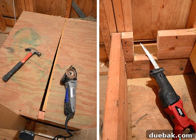Routing New Laundry Exhaust Systems 8 Cutting a pathway under attic stairs for dryer vent pipe using a Dremel Sawmax and reciprocating saw, ensuring a custom fit