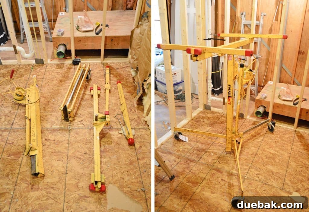 Drywall lift rented from Home Depot for holding sheetrock in place during installation