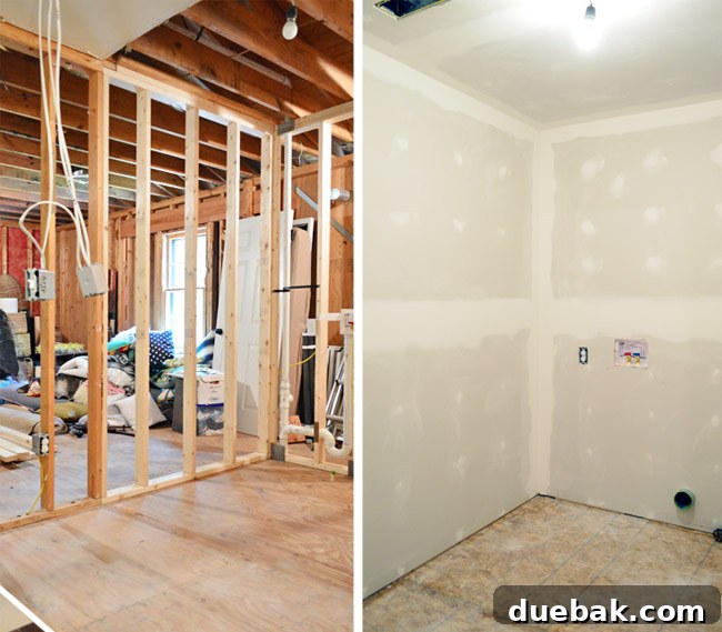 before and after of room without drywall and with finished drywall