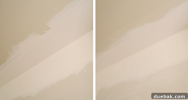 before and after side by side of rough drywall mud sanded smooth