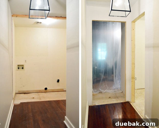before and after side by side of old laundry room and new drywalled doorway