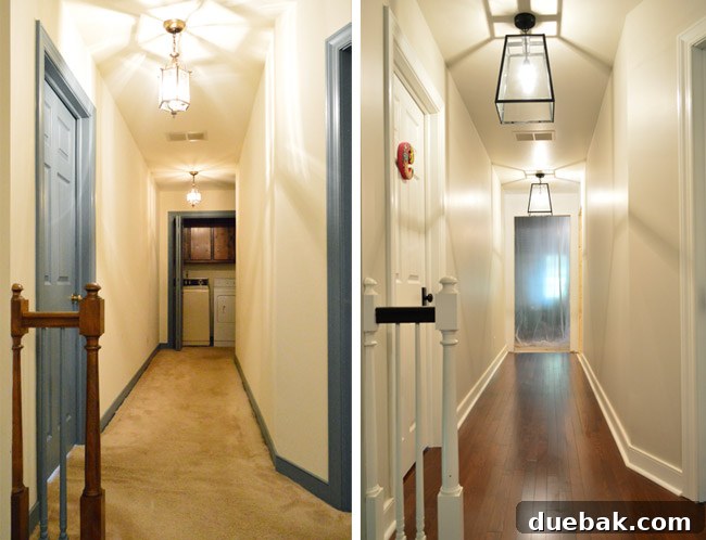 before and after side by side of hallway with new doorway at the end