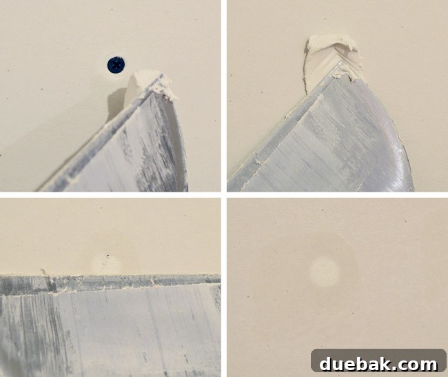grid of mud being applied over screw head in drywall installation